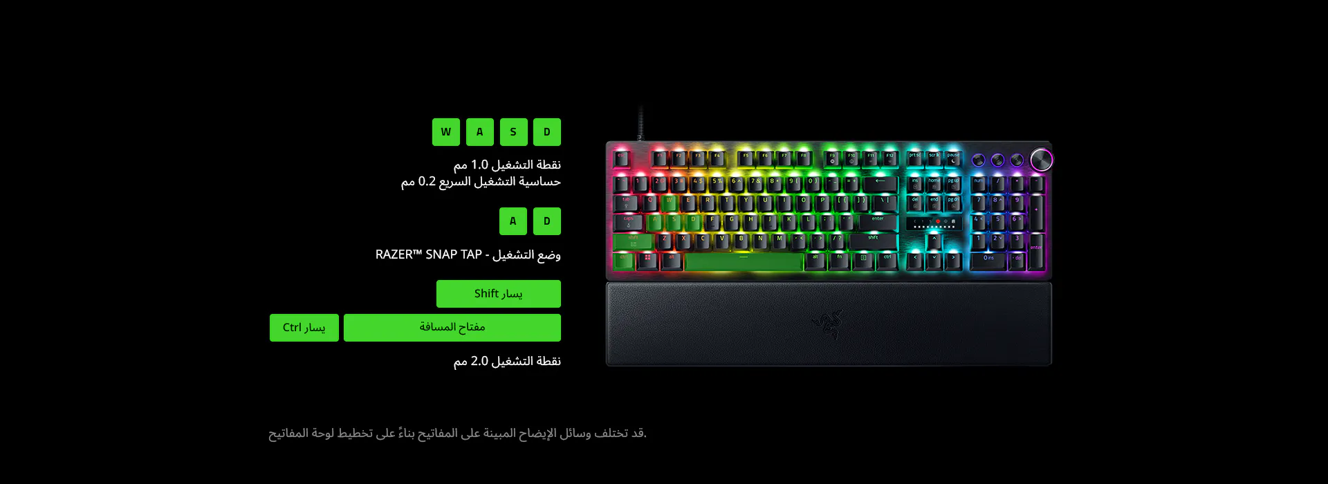WASD keys: 1 mm Actuation Point, 0.2 mm Rapid Trigger Sensitivity. A & D keys: Razer Snap Tap On. Left Shift, Left Control and Spacebar: 2 mm Actuation Point. Disclaimer: Legends on keymapping may differ based on keyboard layout.