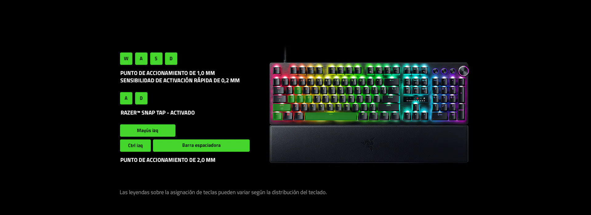 WASD keys: 1 mm Actuation Point, 0.2 mm Rapid Trigger Sensitivity. A & D keys: Razer Snap Tap On. Left Shift, Left Control and Spacebar: 2 mm Actuation Point. Disclaimer: Legends on keymapping may differ based on keyboard layout.