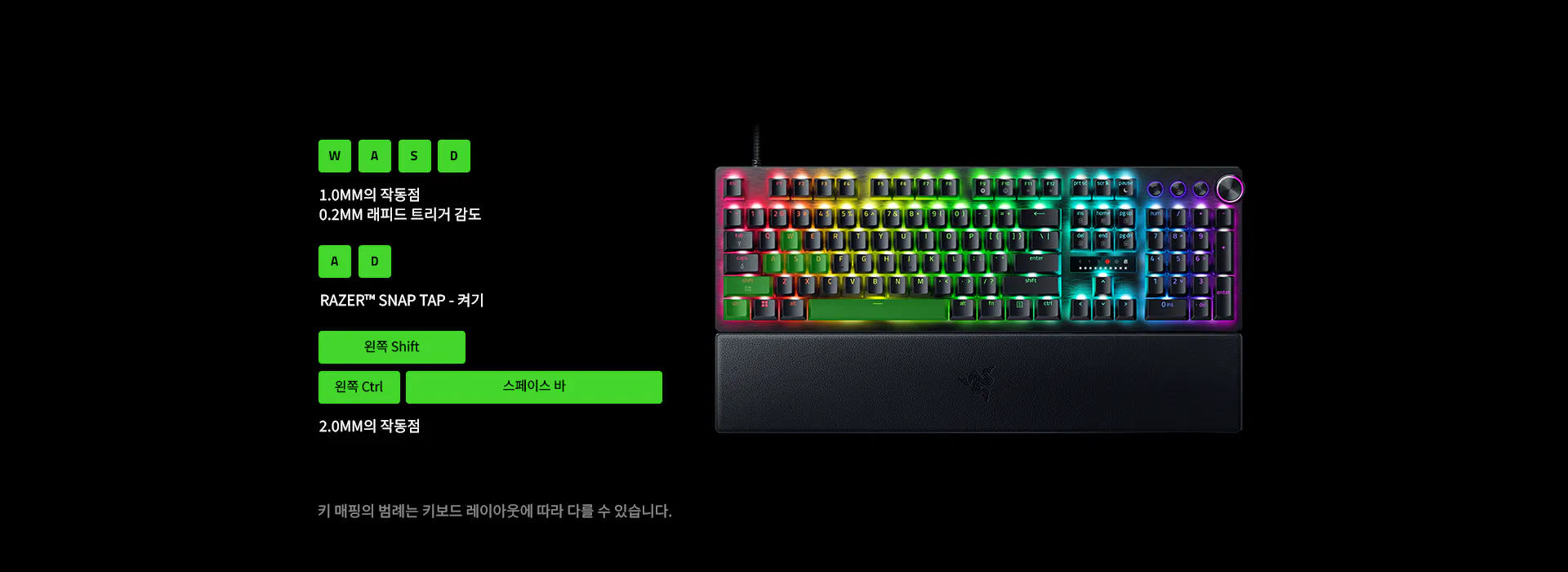 WASD keys: 1 mm Actuation Point, 0.2 mm Rapid Trigger Sensitivity. A & D keys: Razer Snap Tap On. Left Shift, Left Control and Spacebar: 2 mm Actuation Point. Disclaimer: Legends on keymapping may differ based on keyboard layout.