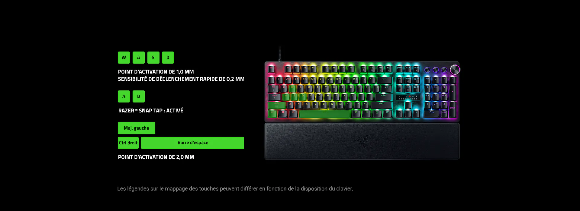 WASD keys: 1 mm Actuation Point, 0.2 mm Rapid Trigger Sensitivity. A & D keys: Razer Snap Tap On. Left Shift, Left Control and Spacebar: 2 mm Actuation Point. Disclaimer: Legends on keymapping may differ based on keyboard layout.
