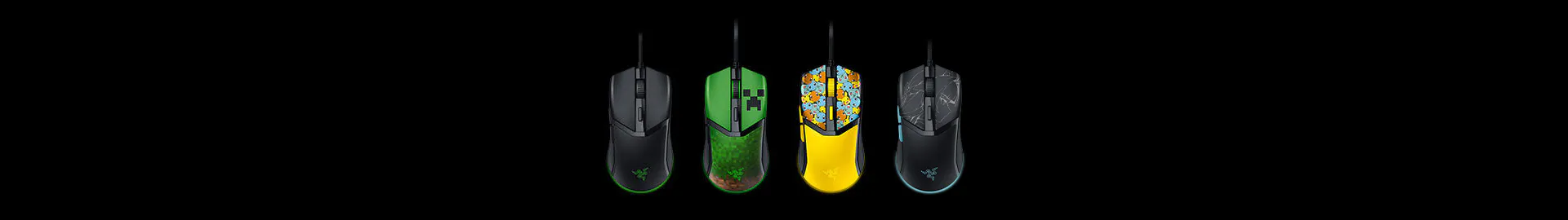 Four gaming mice are lined up, each with different designs and RGB lighting accents, all with wired connections.