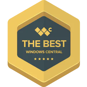 Gold and dark blue hex badge with text: "THE BEST WINDOWS CENTRAL" and five stars below, featuring a stylized logo at the top.