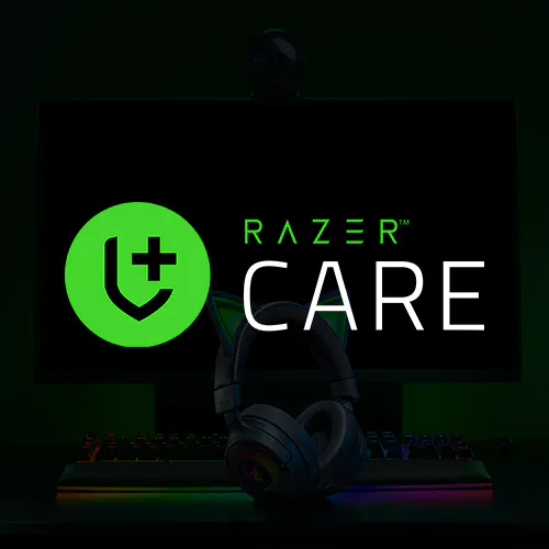 Razer Care logo with a green circular icon, the words "Razer CARE," a gaming headset, and a rainbow-lit keyboard in a dark setting.