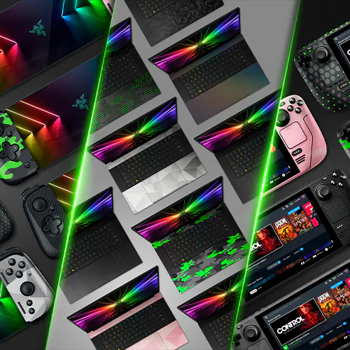 A display of gaming laptops, controllers, and accessories with RGB lighting effects and a variety of colors, hubs, and screens on a gray background.