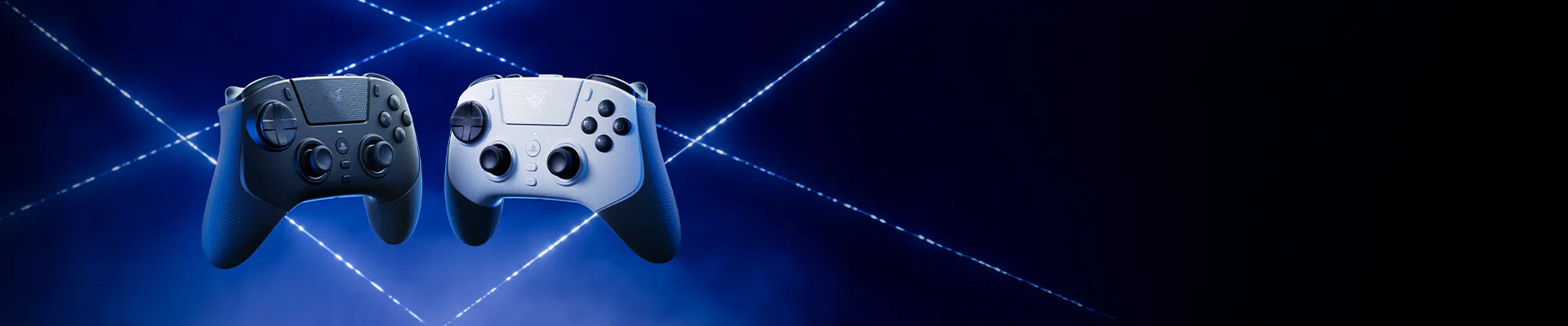 Two gaming controllers, one black and one white, floating against a blue starry background with intersecting white streaks.