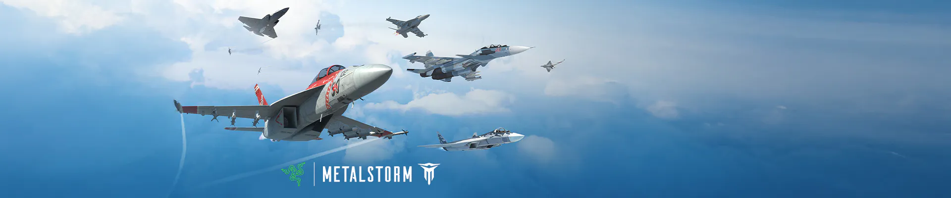 Multiple fighter jets flying in formation in the sky with "METALSTORM" and Razer logos at the bottom.