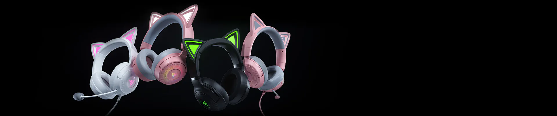 Image shows four gaming headsets with cat-ear designs in white, pink, and black, with glowing LED accents against a black background.