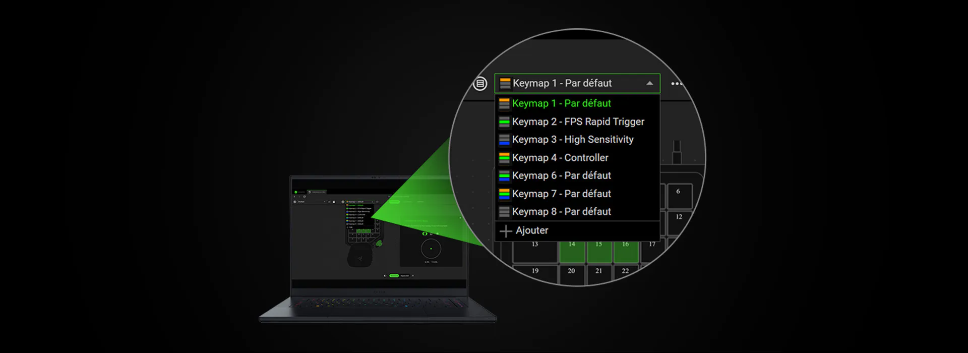 Laptop screen displaying a close-up of key mappings menu with options like "Keymap 1 - Par défaut" and "Keymap 2 - FPS Rapid Trigger."