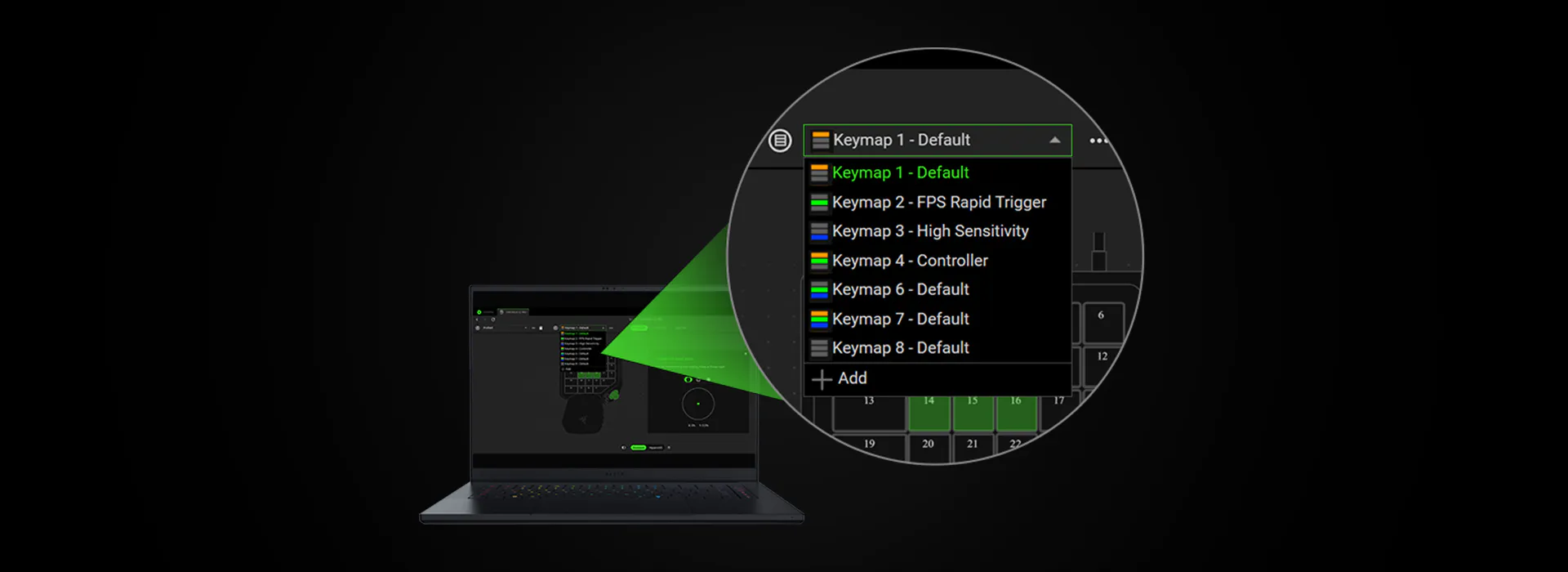 A laptop screen displays a green-highlighted controller setup with a zoomed-in menu: Keymap 1 - Default, Keymap 2 - FPS Rapid Trigger, etc.