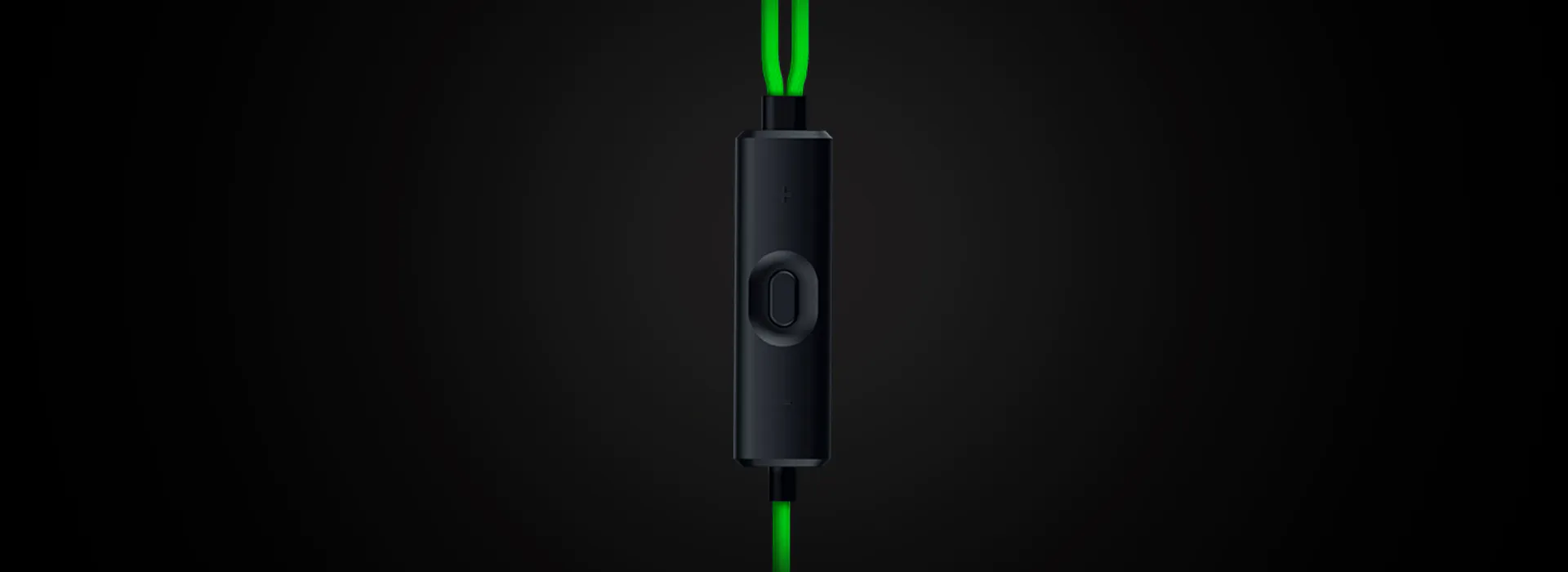 Black inline control device with a switch and plus/minus buttons, connected by green cable, on dark background.