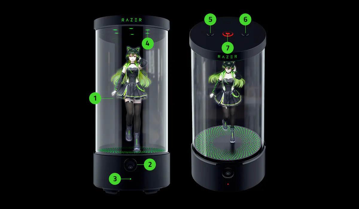 Diagram of a Razer cylindrical device with labeled components: sensors, buttons, parts, and a holographic projection of a person inside.