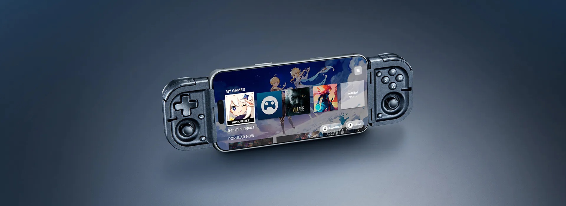 Video game controller with an iphone screen showing game options like Genshin Impact, related to gaming.