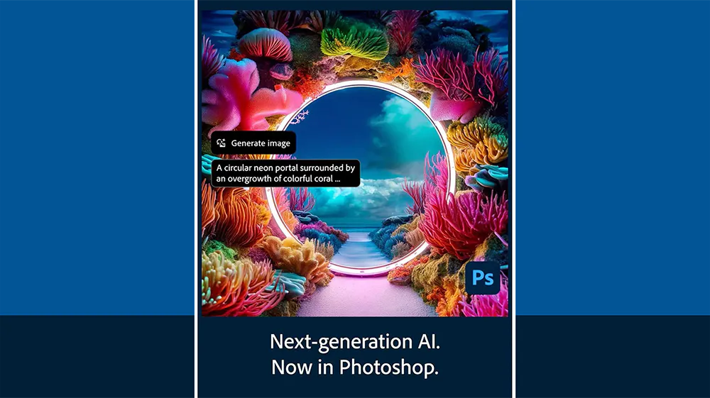 A colorful coral reef viewed through a circular neon portal with surrounding vibrant coral, promoting AI and Photoshop collaboration.