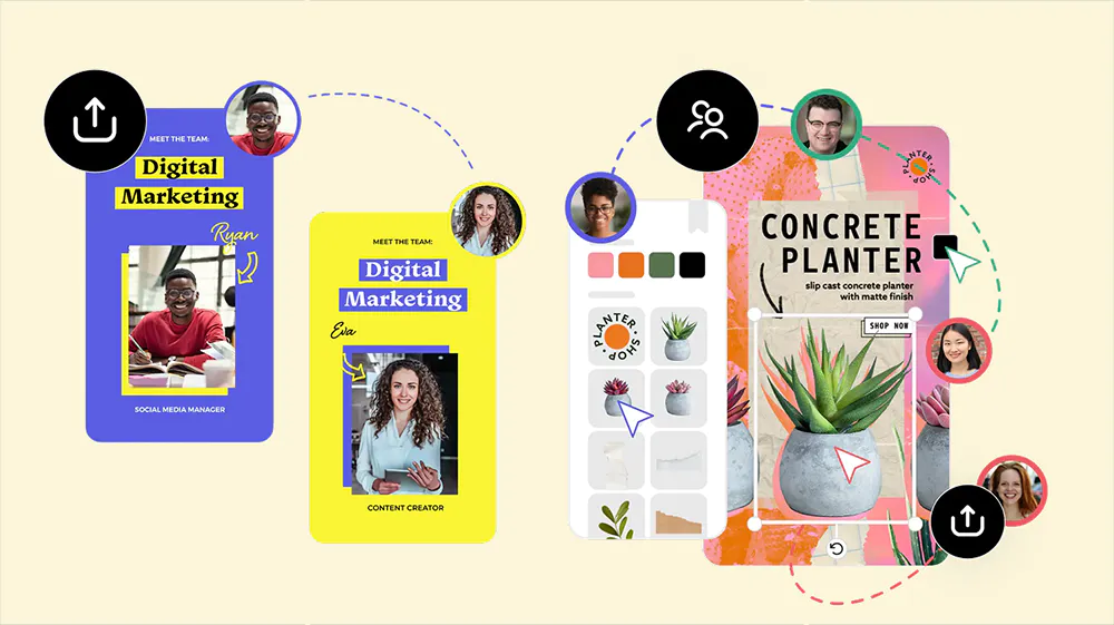 A digital collage of team profiles, plant designs, and colorful graphics with text: "Digital Marketing," "Content Creator," and "Concrete Planter."