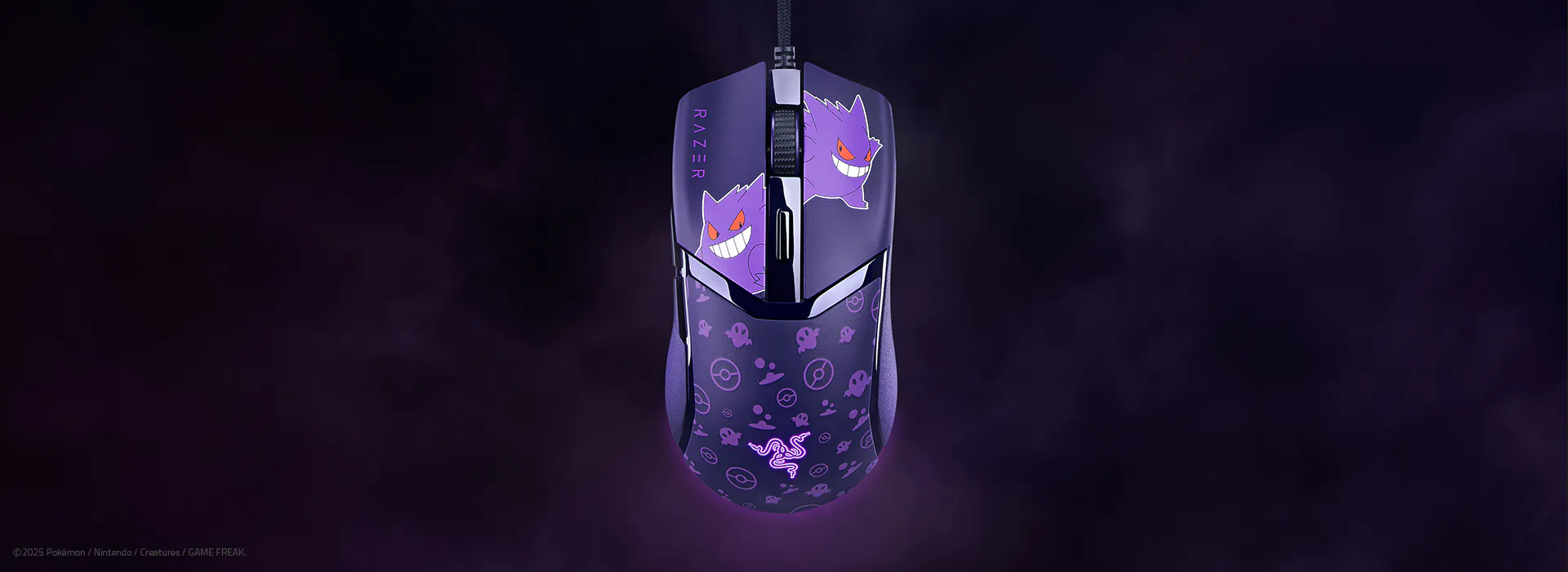 Gaming mouse with Gengar design, purple and black color scheme, RAZER branding, featuring Gengar illustration and Poké Ball icons. ©2025 Pokémon / Nintendo / Creatures / GAME FREAK.