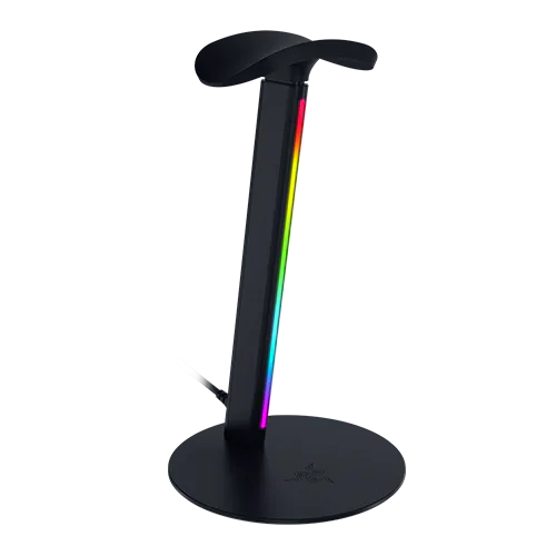 A RGB LED desk lamp with a curved display panel showing a rainbow gradient, mounted on a black stand.