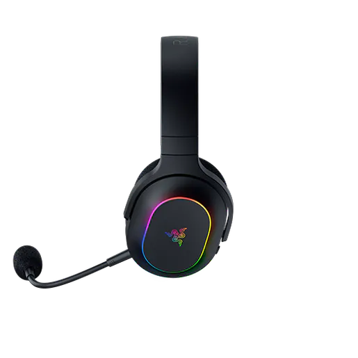 Over-ear gaming headset with a built-in microphone, black design, and RGB lighting around ear cups, featuring the Razer logo.