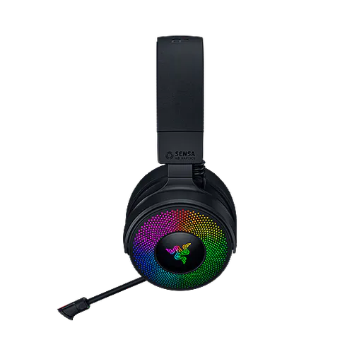 Gaming headset with RGB lighting, black ear cups, adjustable headband, and a microphone attached. No visible branding or text.