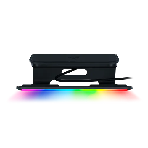 Black device with a color spectrum bar below it, showing a rainbow gradient from pink to red, possibly a tech gadget or accessory.