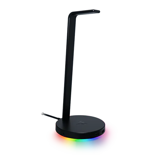 Smartphone stand with adjustable arm on a circular base emitting rainbow-colored LED light.