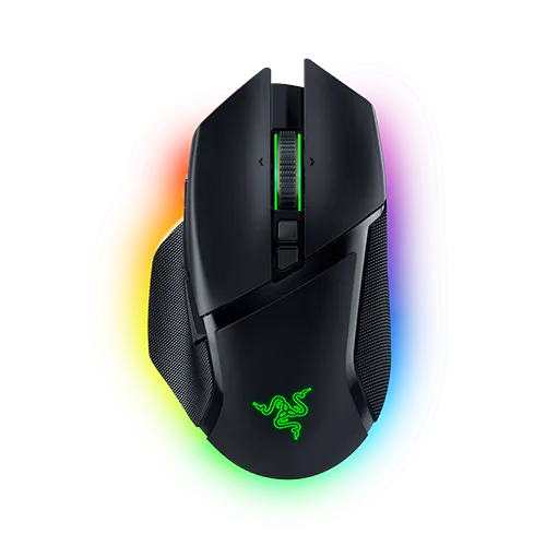 Black Razer gaming mouse with LED scroll wheel, side buttons, and logo, surrounded by colorful RGB lighting.