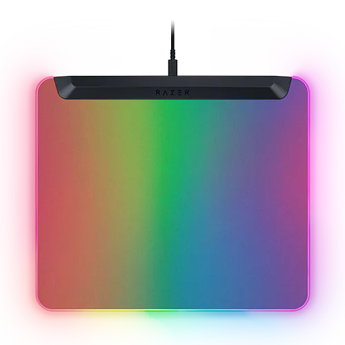RGB-lit Razer gaming mouse pad with a black top border featuring "RAZER" logo on a colorful, glowing surface.