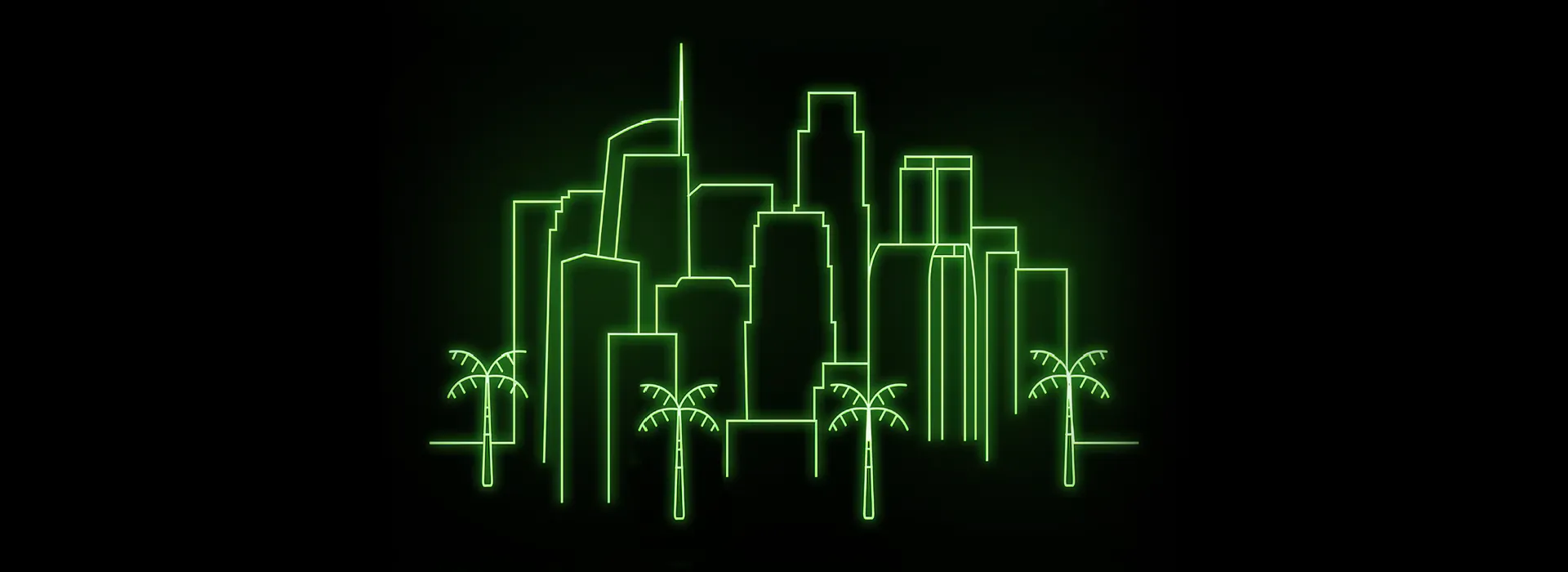 Neon green outline of a city skyline with skyscrapers and palm trees on a black background.