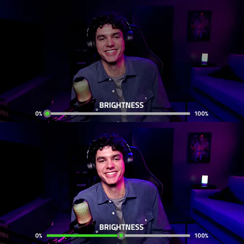 Two images of a young man smiling in front of a microphone, with brightness adjustment bars at the bottom, both set near full brightness.