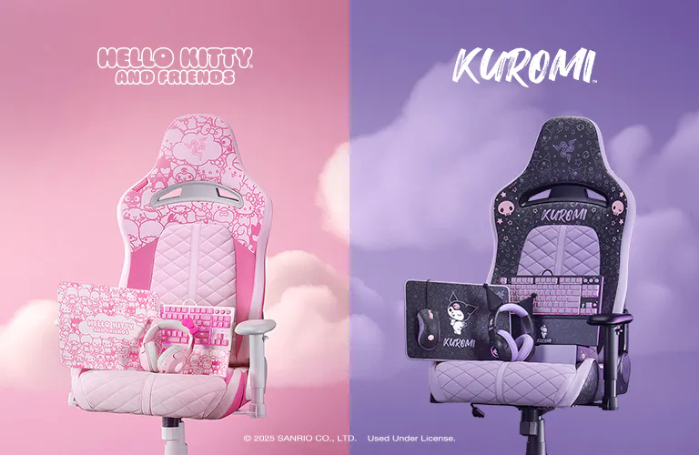 Two colorful gaming chairs, pink with Hello Kitty on the left and purple with Kuromi on the right, against cloud backgrounds.