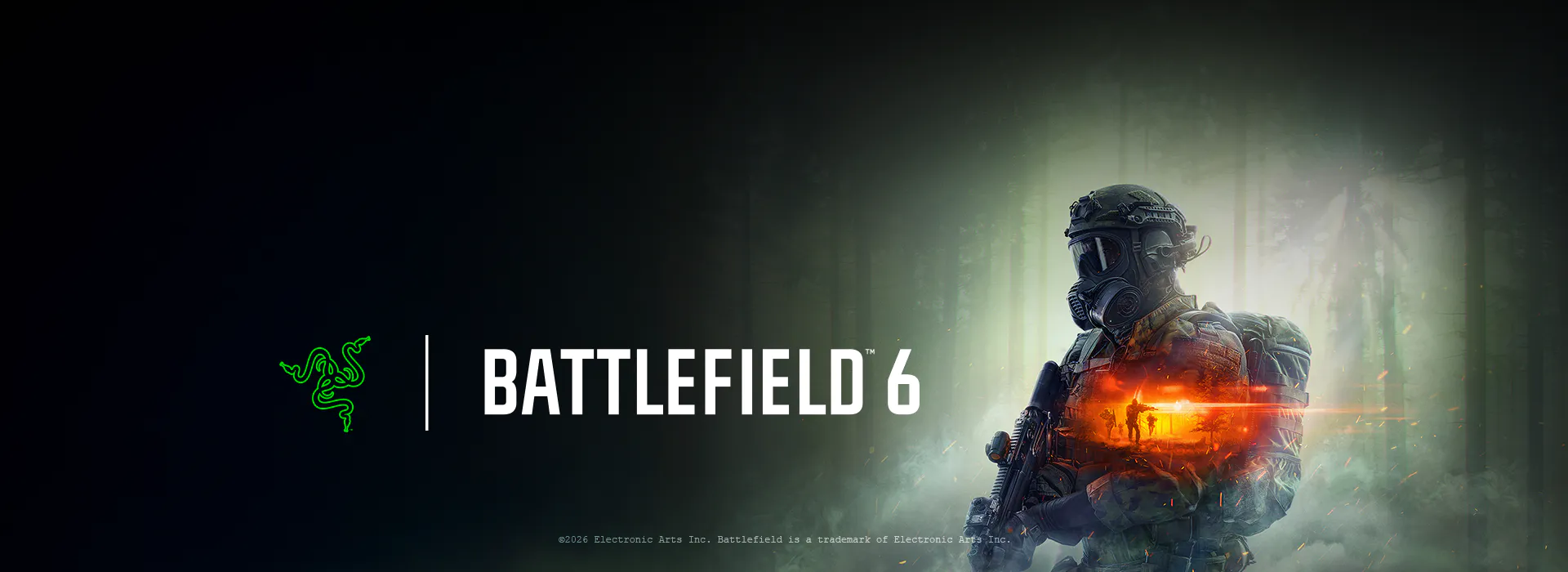 A soldier in tactical gear stands in a misty forest with an orange explosion reflecting on them. Text reads "Battlefield 6" alongside Razer logo; ©2025 Electronic Arts Inc. Battlefield is a trademark of Electronic Arts Inc.