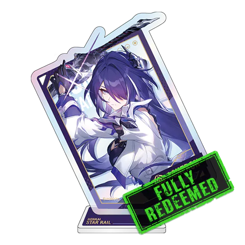 Anime-style character with purple hair and a white outfit, holding a lightning bolt. "FULLY REDEEMED" stamp on the image.