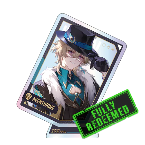 Anime-style character in a police uniform with hat, glasses, and fur-collared jacket on a card labeled "Aventure" with a "Fully Redeemed" stamp.