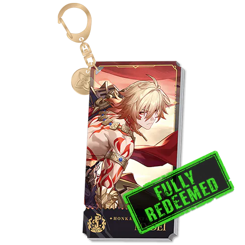 Anime-style male character with white hair, armor, tribal tattoos, and a red cape. Green "FULLY REDEEMED" stamp across the image.