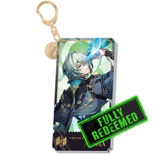 A keychain featuring a character with silver hair, wearing a dark blue outfit, holding blue flame, with a "FULLY REDEEMED" green stamp.