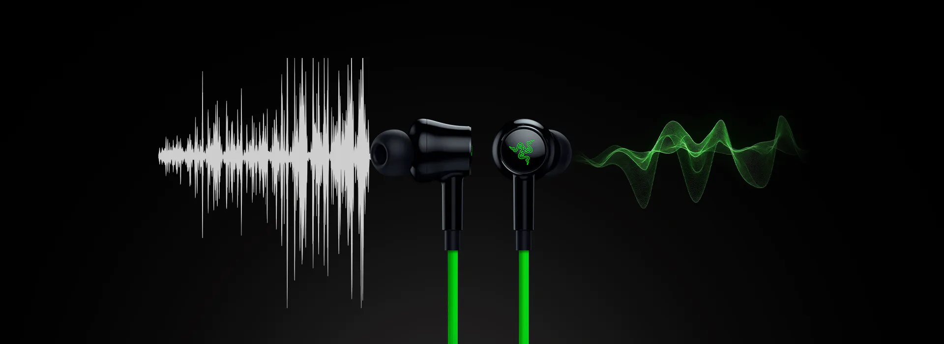 Black in-ear wired headphones with green accents, audio waveforms on each side, no visible text in the image.