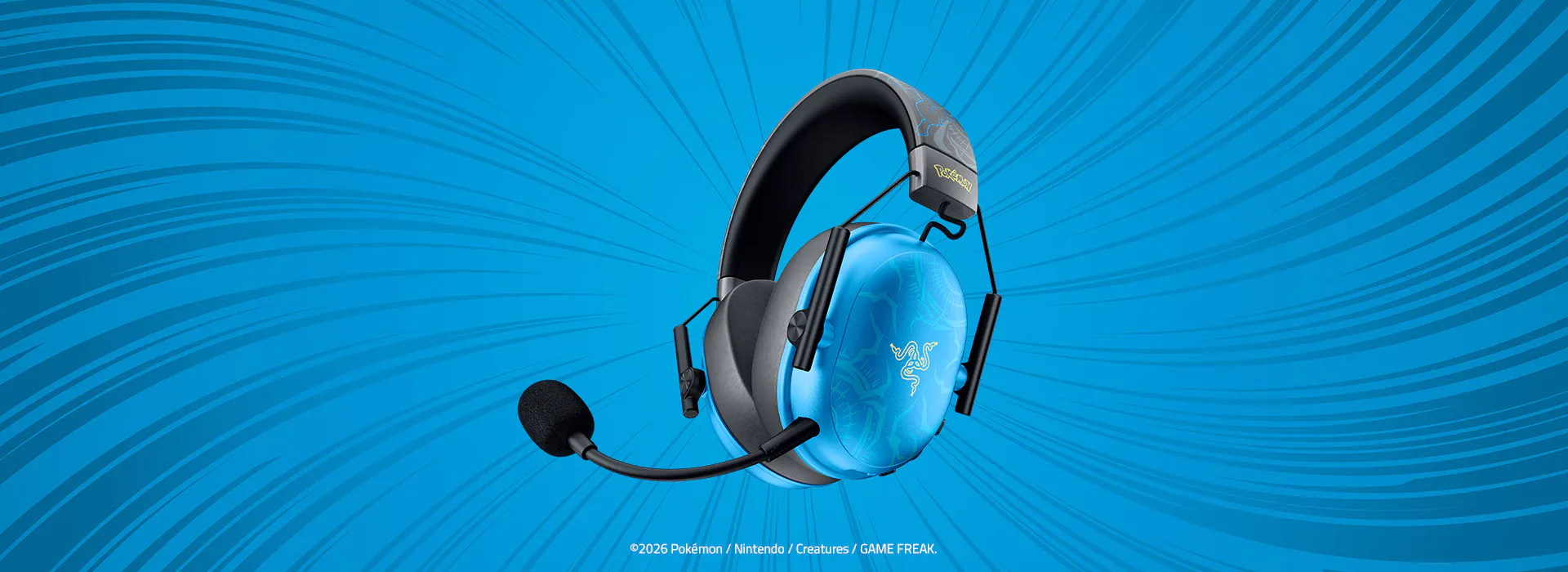 Low-angle 3/4 view of Razer BlackShark V3 X HyperSpeed - Lucario Edition with sound wave around. ©2026 Pokémon / Nintendo / Creatures / GAME FREAK.