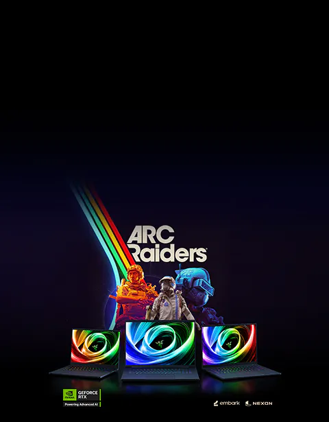 Razer Blade and Arc Raiders bundle promo. Nvidia Geforce RTX, Powering Advanced AI logo. Embark and Nexon logos.
