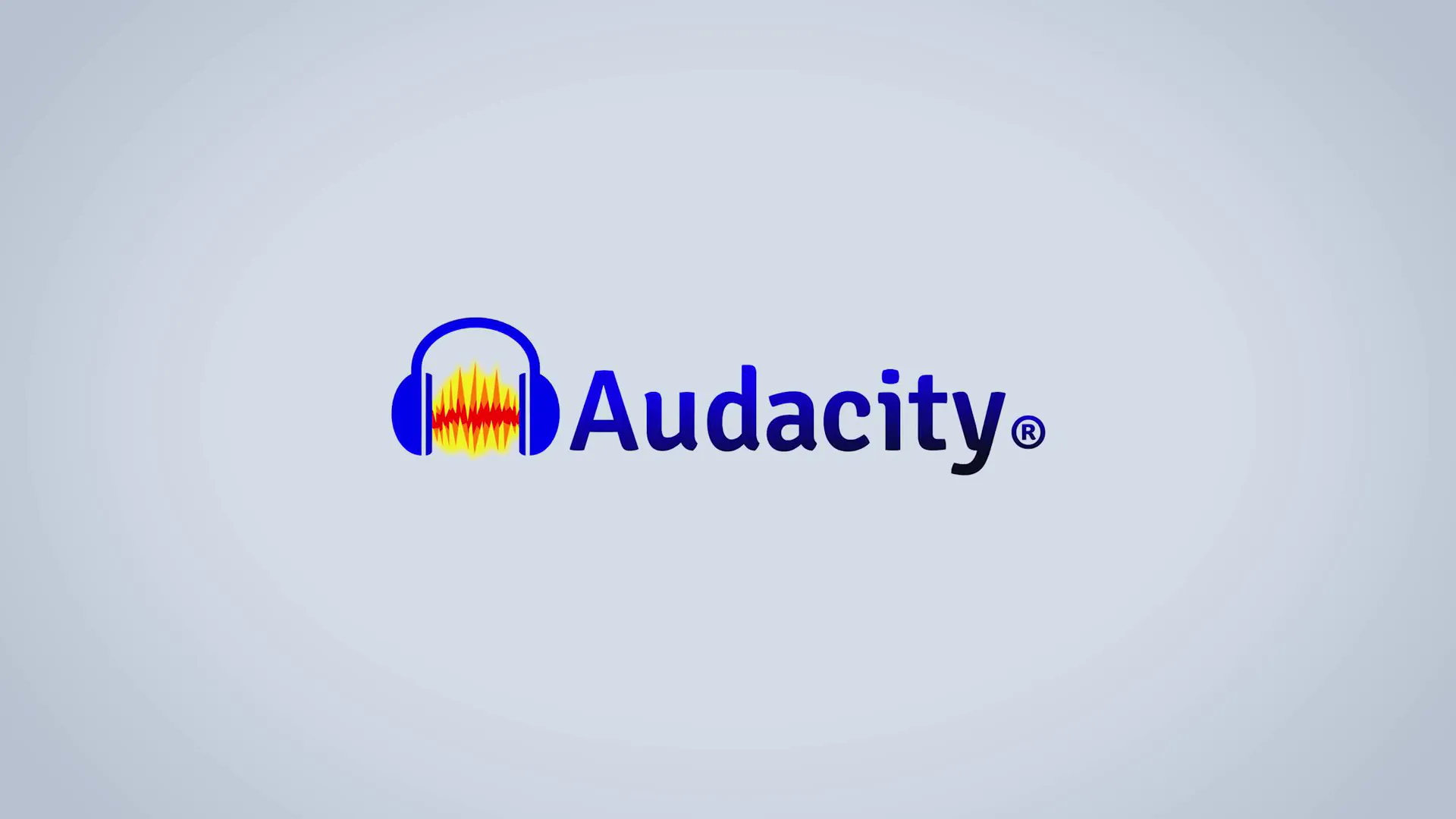 Logo with blue headphones and sound waves, and the text "Audacity®" in blue, on a light gray background.