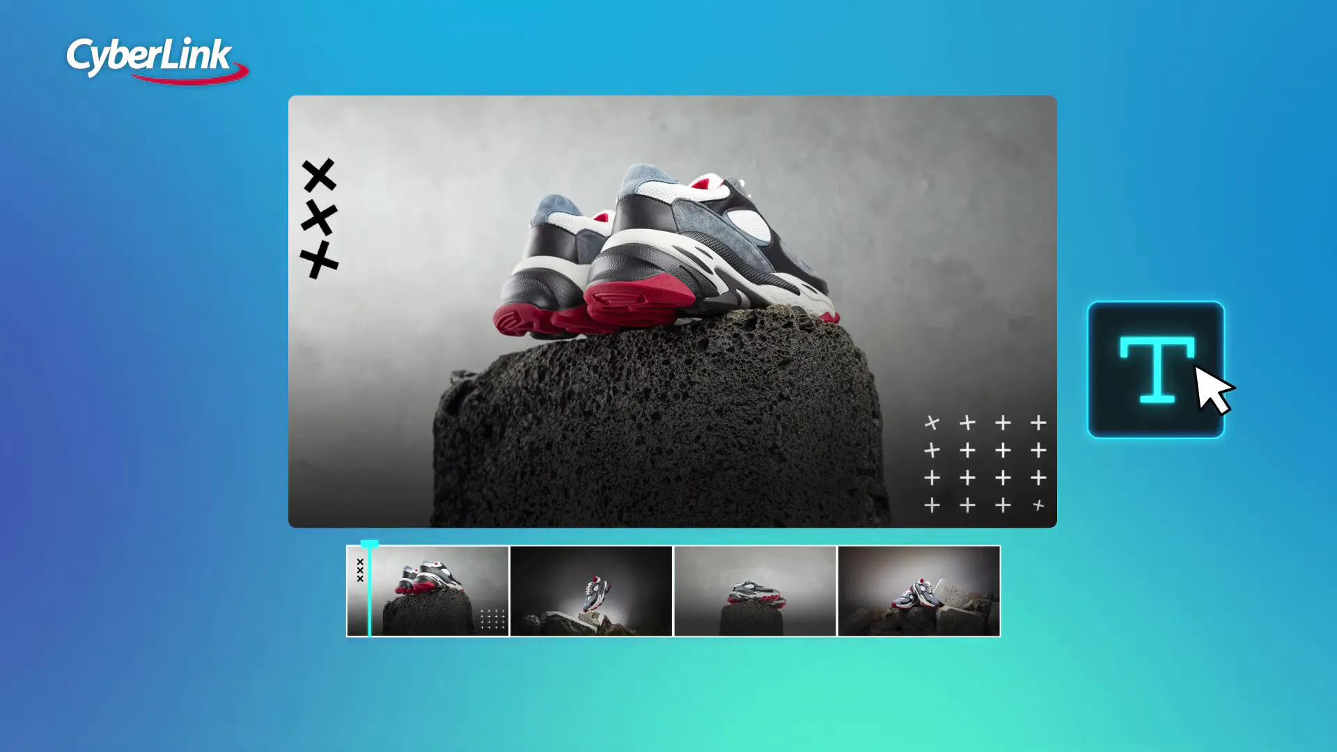 Image of stylish sneakers on a textured black pedestal, with digital design elements, under a blue background, and a cursor icon highlighting a "T".