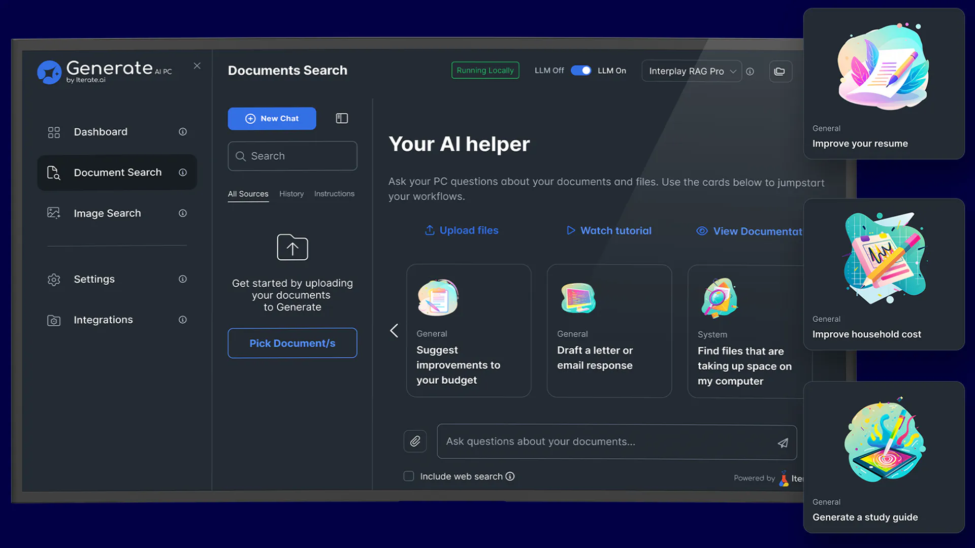 Screenshot of a dark-themed AI document management app with options for document and image search, tutorials, and colorful illustration icons.