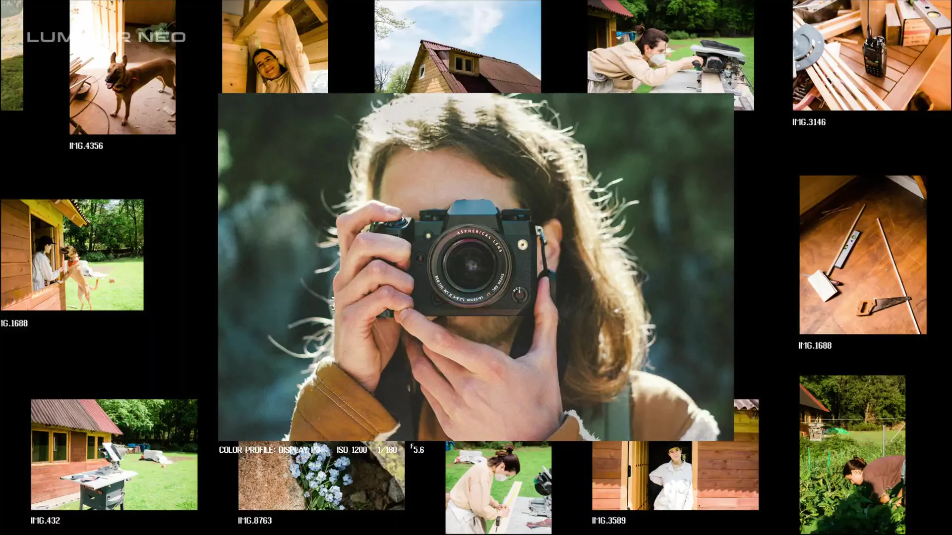 A person with long hair holds a camera up to their face outdoors. The background is blurred with greenery.