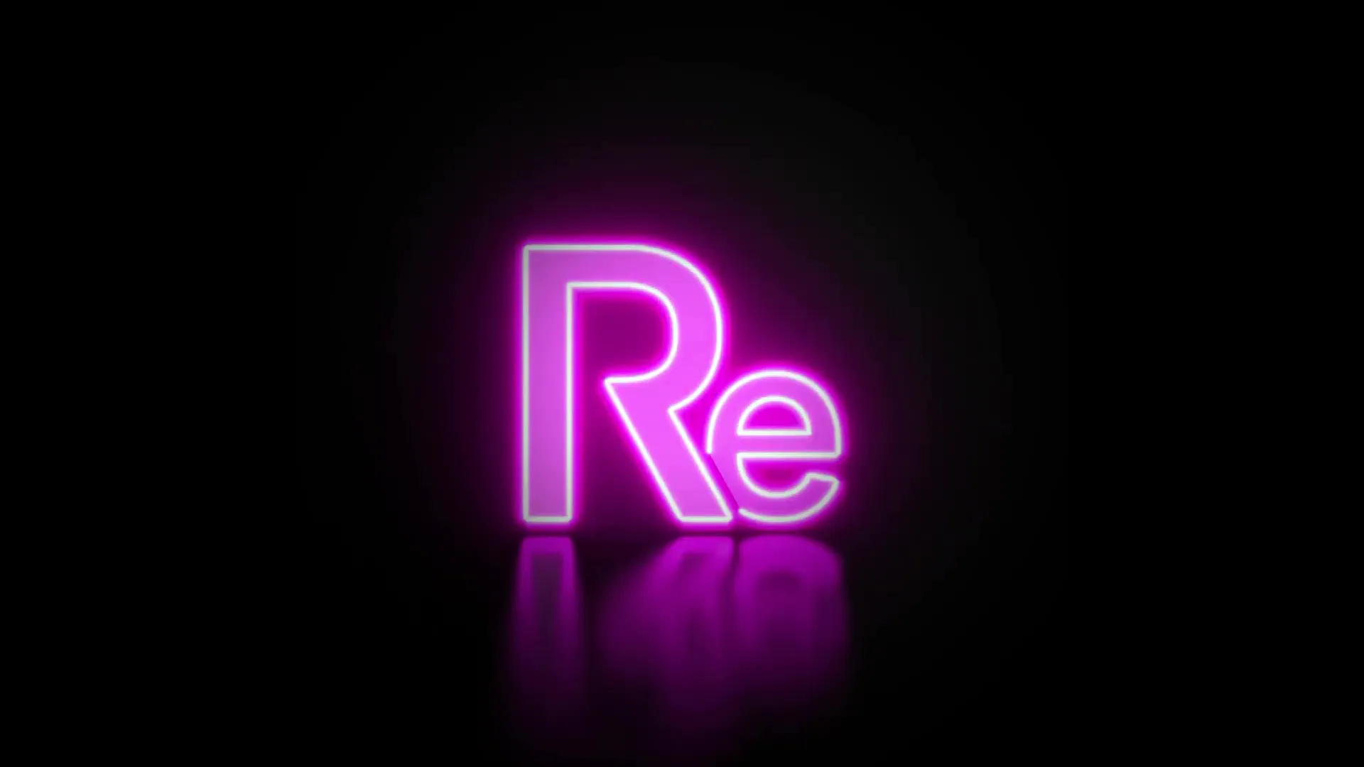 Neon sign displays "Re" in glowing purple, reflecting on a black surface, with a sleek, modern look and vibrant glow.