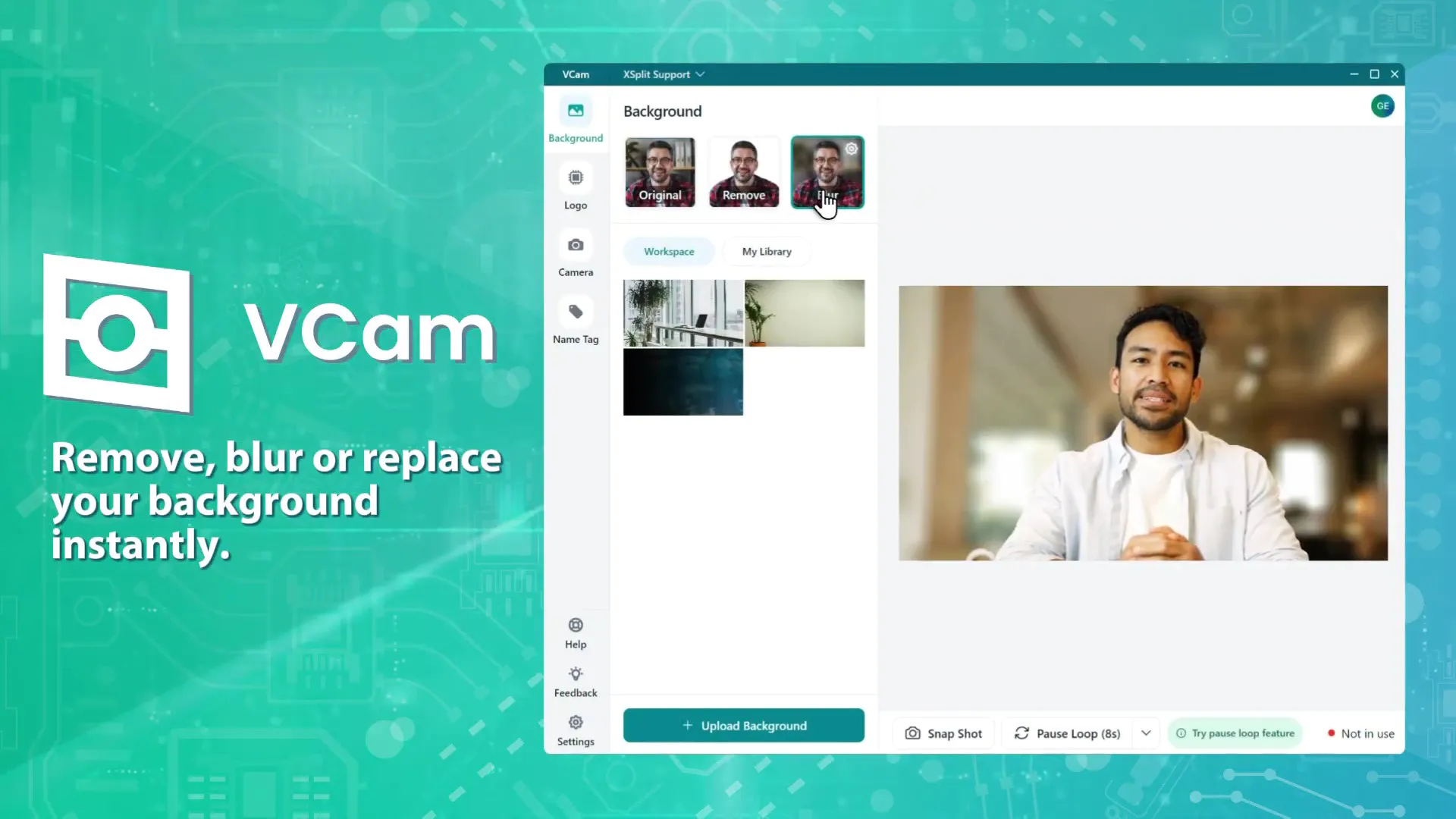 Screenshot of VCam software showing background removal options, a man's video feed, and GUI with options like Workspace, Library, and settings.