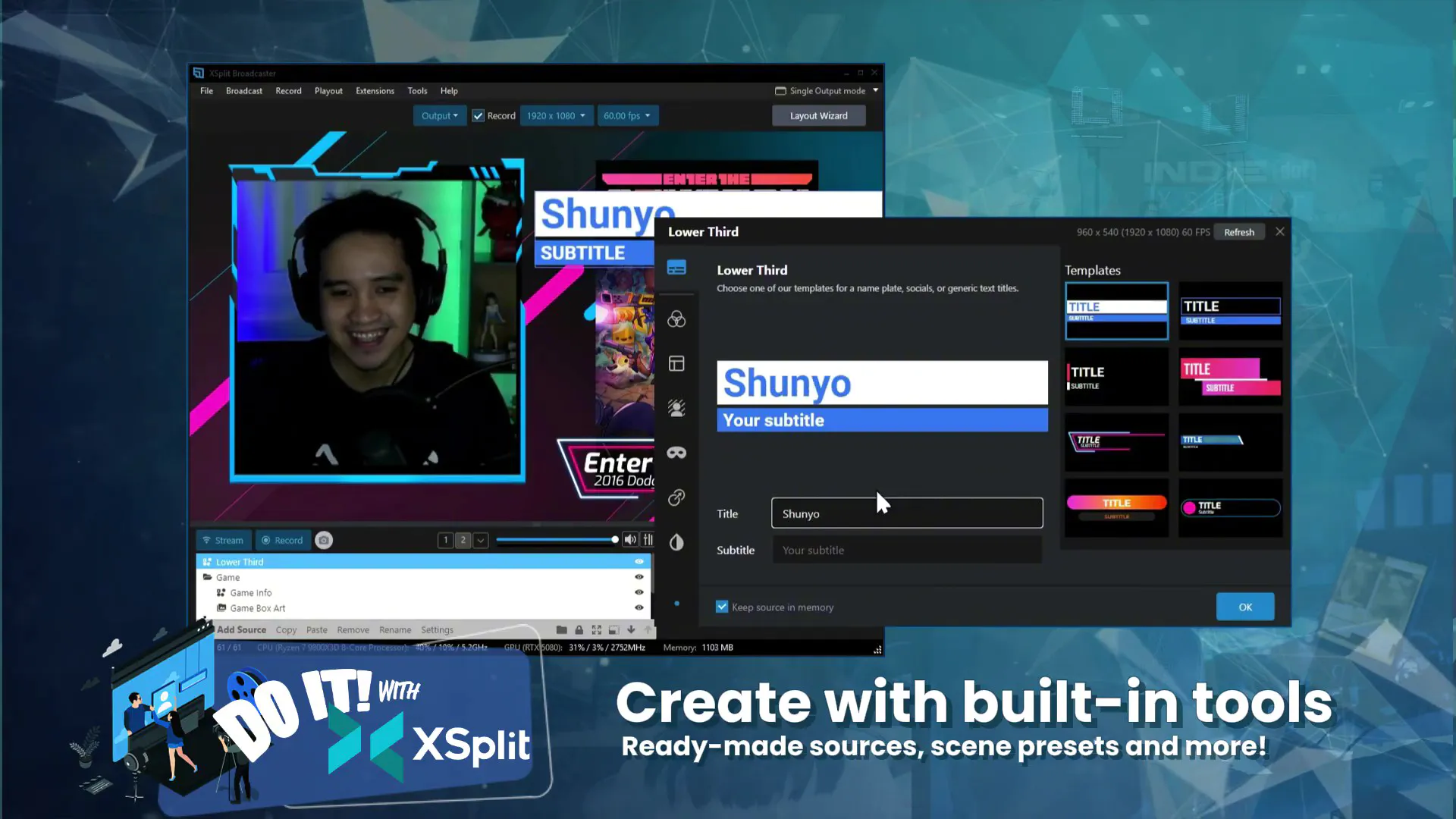 A computer screen shows streaming software with a webcam feed of a smiling man with headphones, editing text and scene templates.