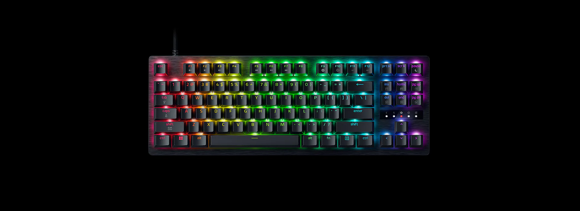 RGB backlit mechanical keyboard with colored keys, including functions keys, arrow keys, and a numeric keypad on black background.