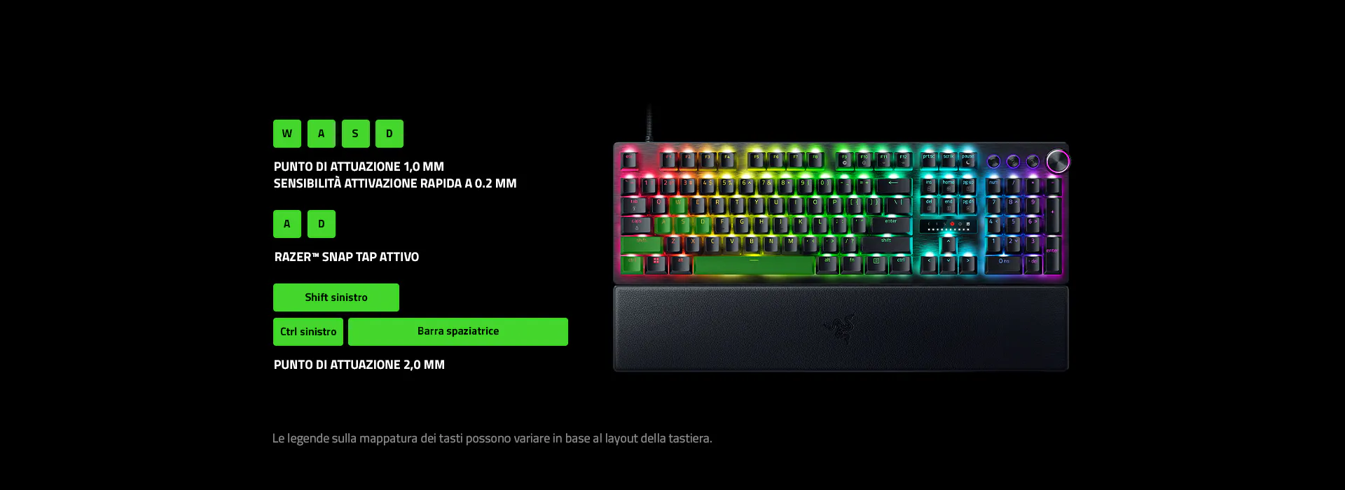 WASD keys: 1 mm Actuation Point, 0.2 mm Rapid Trigger Sensitivity. A & D keys: Razer Snap Tap On. Left Shift, Left Control and Spacebar: 2 mm Actuation Point. Disclaimer: Legends on keymapping may differ based on keyboard layout.