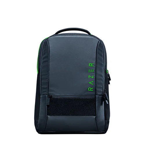 Backpack with "RAZER" logo in green, black and gray design, featuring multiple compartments and zippers for storage.
