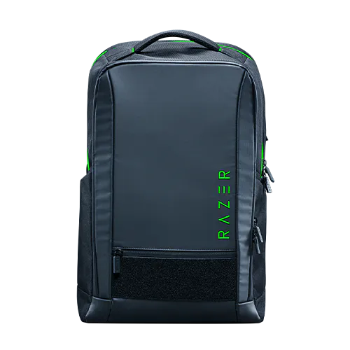 Backpack with "RAZER" logo in green, black fabric, front zip pocket, top handle, and side compartments.