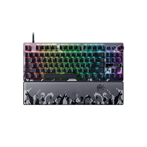RGB-backlit gaming keyboard with a wrist rest featuring a silhouette design of people raising hands. No visible brand name.