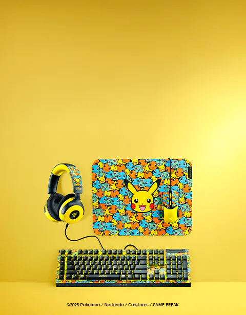 Razer and Pokemon gaming peripherals with ©2025 Pokémon / Nintendo / Creatures / GAME FREAK disclaimer text at bottom.